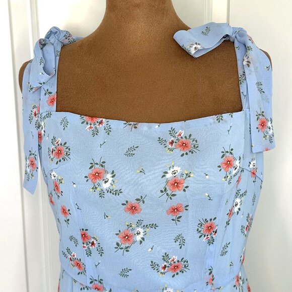 Light Blue Floral Tie Shoulder Slit Midi Dress - NEW - Picture 4 of 16